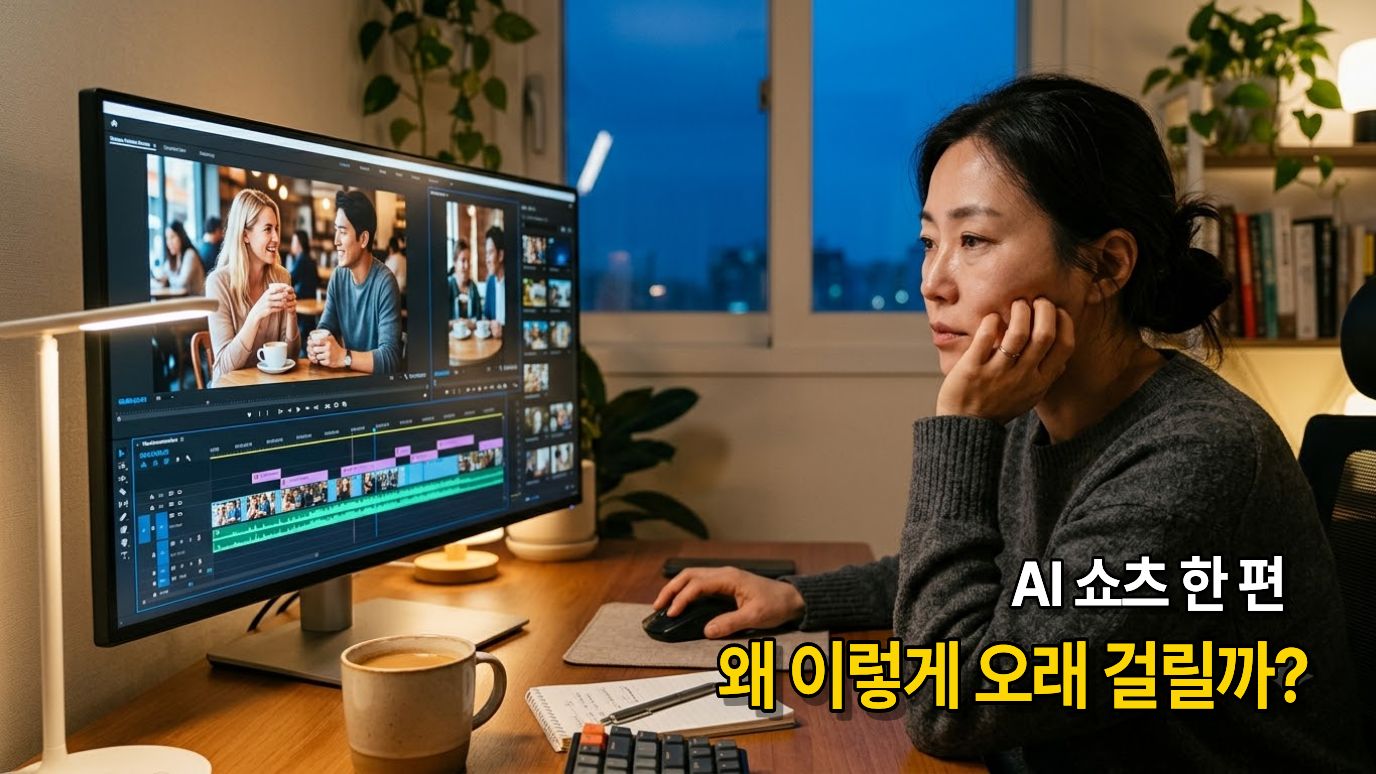 늦은 시간까지 모니터를 보며 AI 쇼츠를 편집하는 크리에이터 연출 이미지