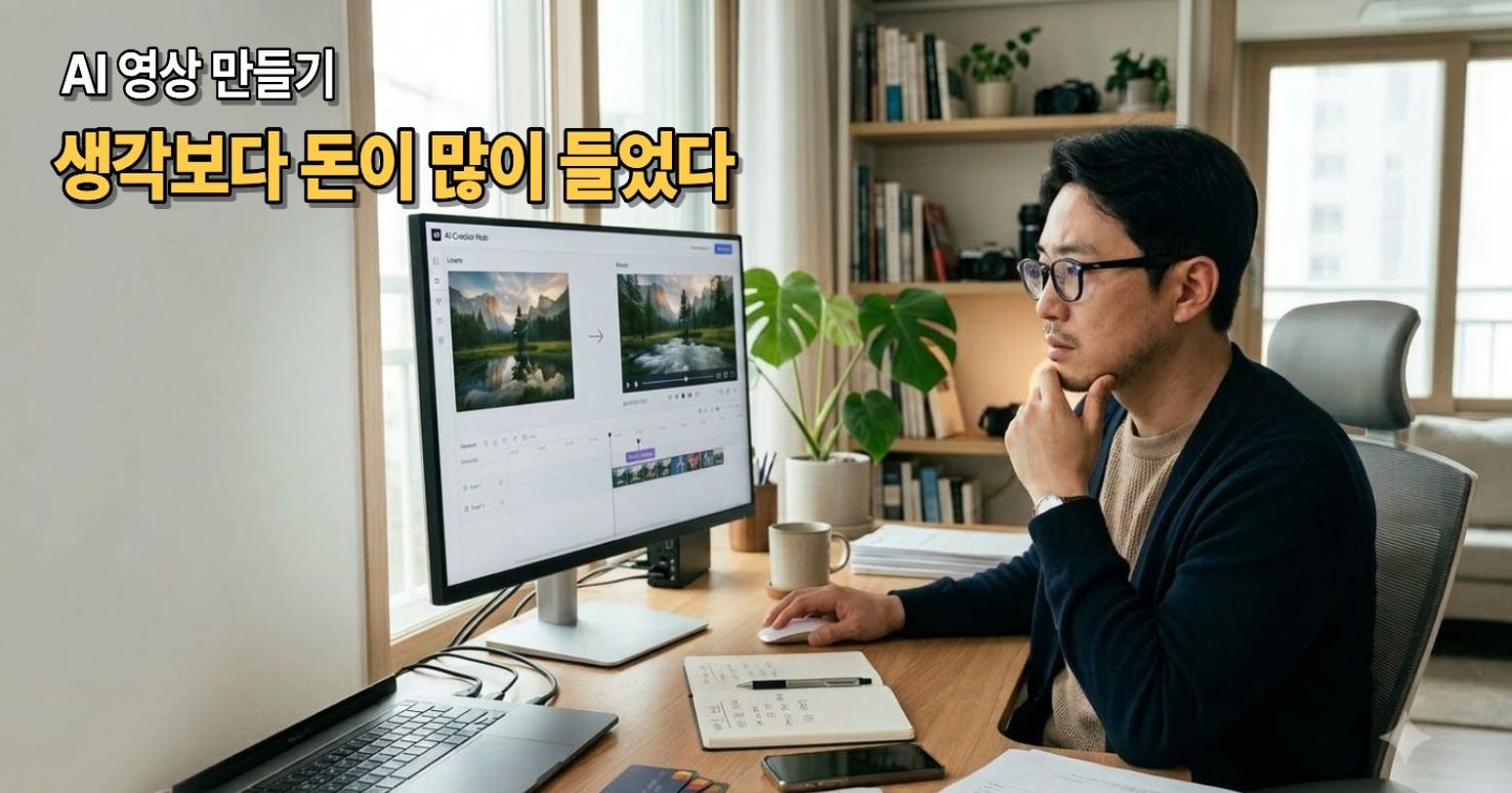 AI 영상 만들기를 위해 여러 AI 서비스를 사용하며 제작 비용을 확인하는 모습