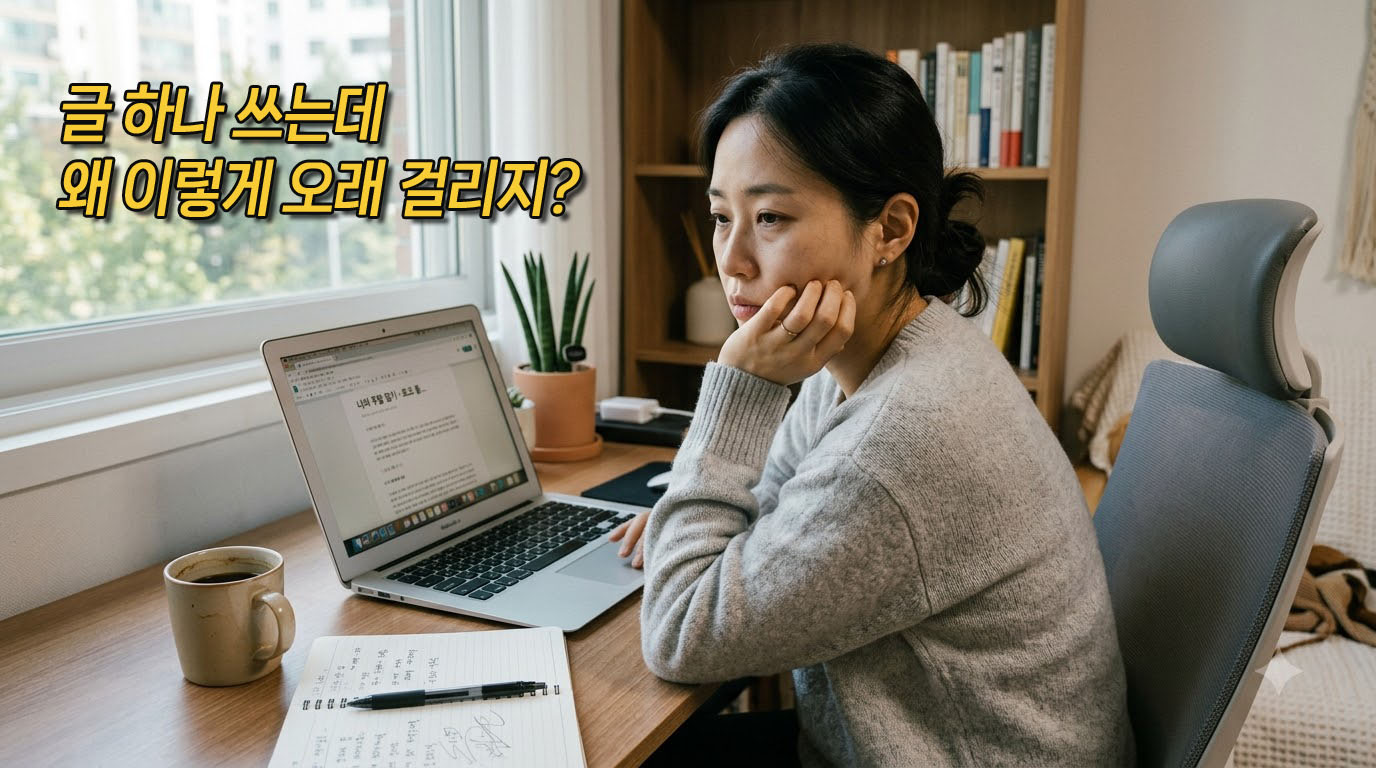 블로그 포스팅을 작성하며 고민하는 모습