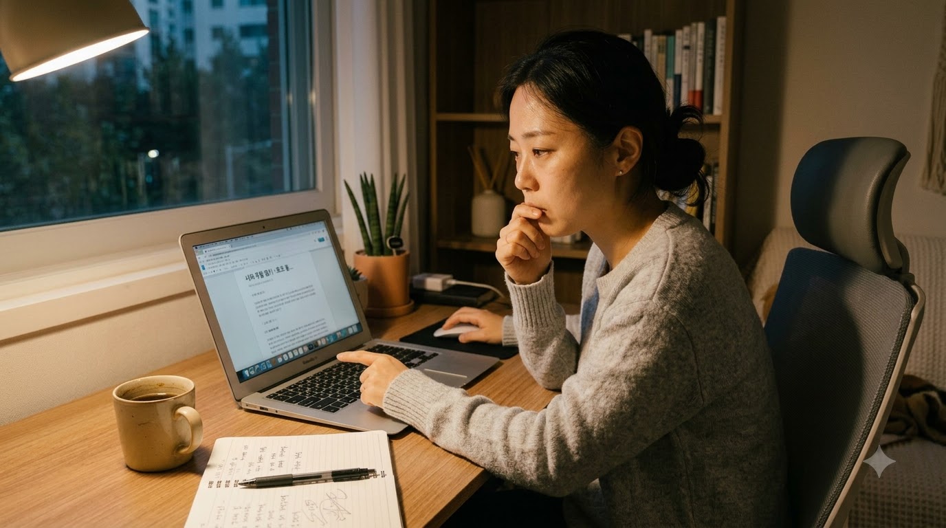 공개한 블로그 글을 저녁에 다시 읽으며 수정하는 모습