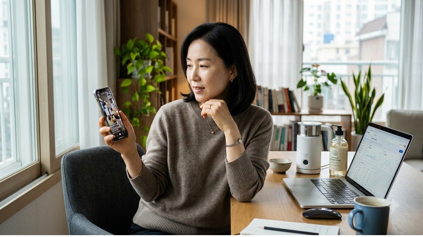 쇼핑쇼츠 수익화를 시작하며 스마트폰 영상을 확인하는 모습