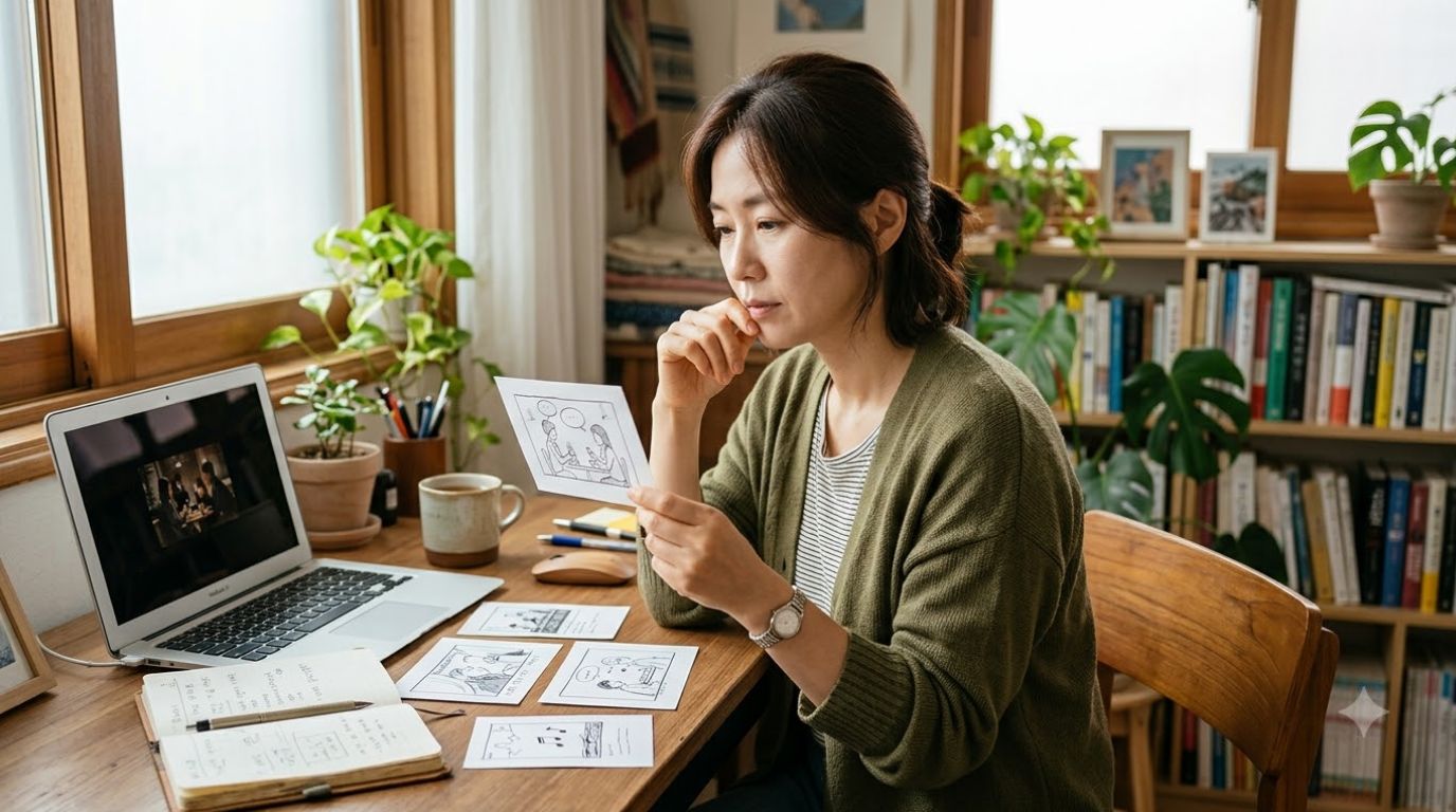 영상 소재 카드와 노트를 보며 쇼츠 주제를 고민하는 크리에이터