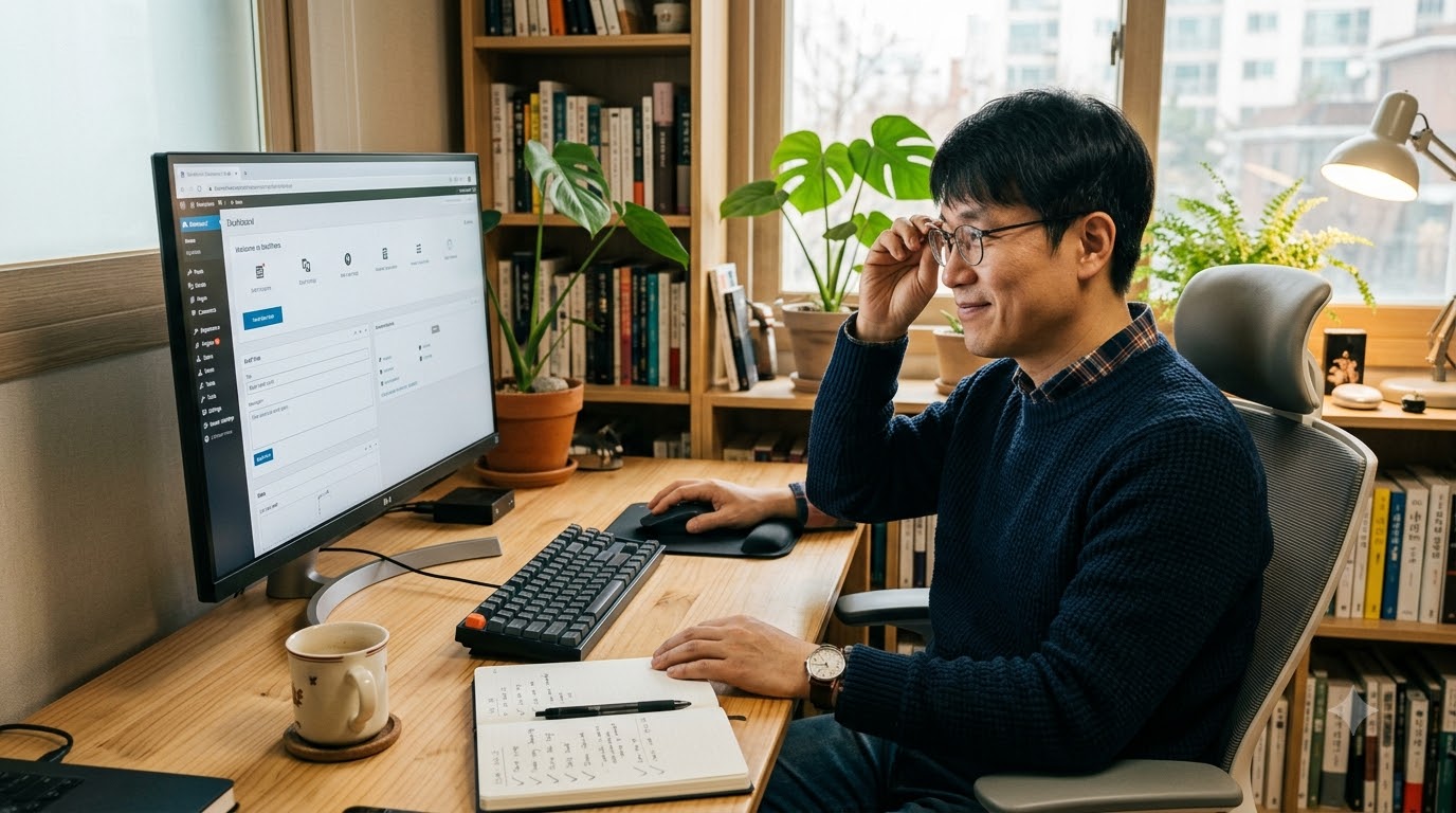 책상 앞에서 워드프레스 화면을 보며 설정을 익히는 남성을 표현한 AI 이미지