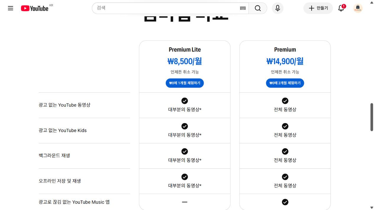 YouTube 공식 비교표의 두 요금과 광고·백그라운드·저장 기능 표시