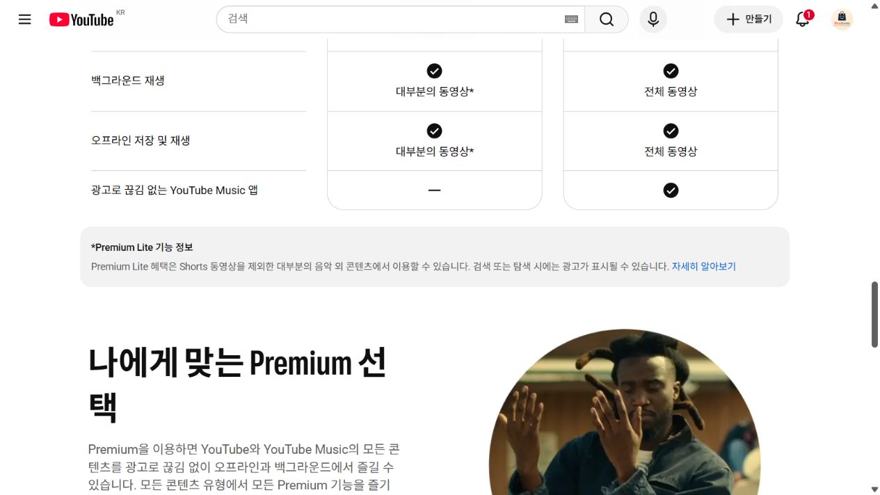 공식 화면에 표시된 Premium Lite의 음악·Shorts 제외와 검색·탐색 광고 예외 안내