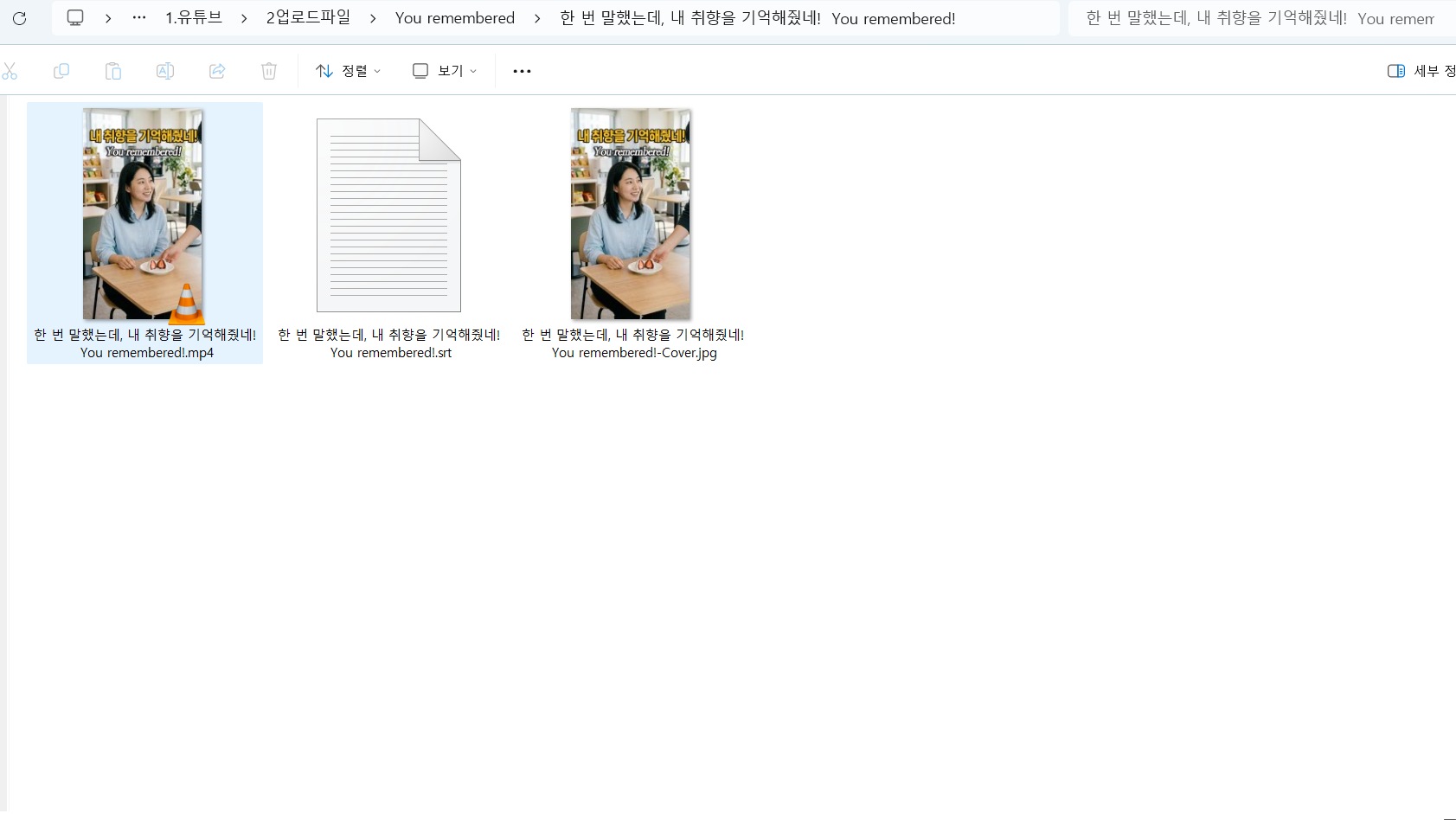 MP4 영상과 SRT 자막 및 Cover.jpg 이미지가 함께 저장된 폴더