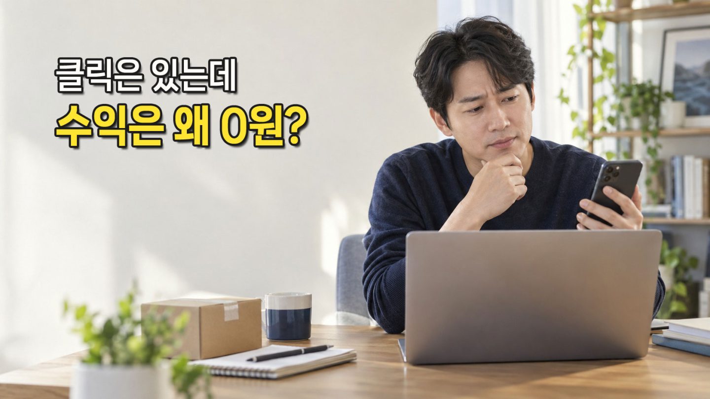 집에서 스마트폰과 노트북으로 상품 링크의 실적을 살펴보는 사람을 표현한 AI 생성 이미지