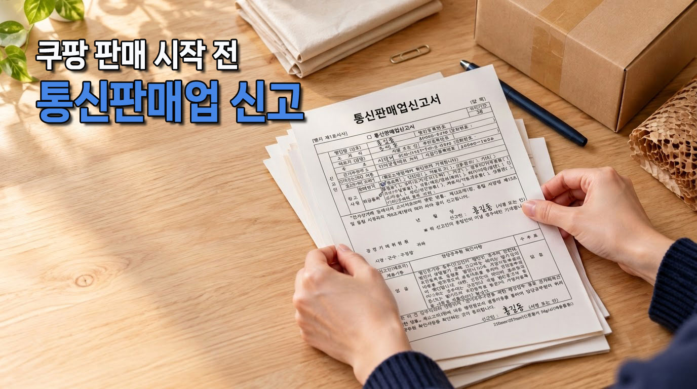 쿠팡 판매를 준비하며 서류를 정리하는 모습을 표현한 일러스트용 AI 이미지