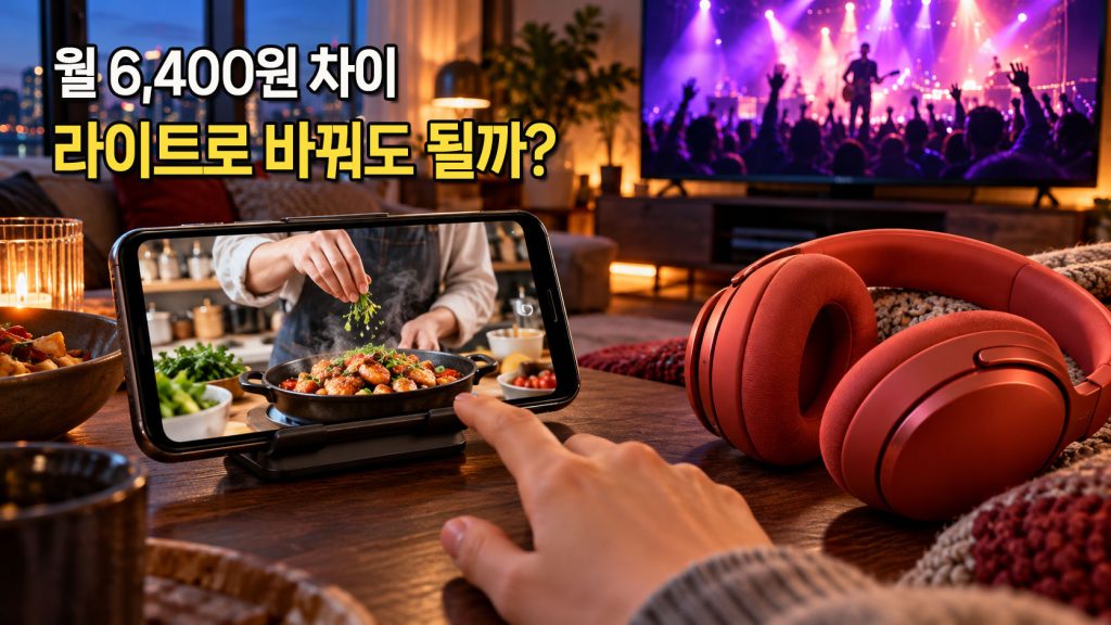 일반 영상이 재생되는 스마트폰과 음악 공연 화면, 헤드폰으로 영상과 음악 구독 선택을 표현한 AI 연출 이미지