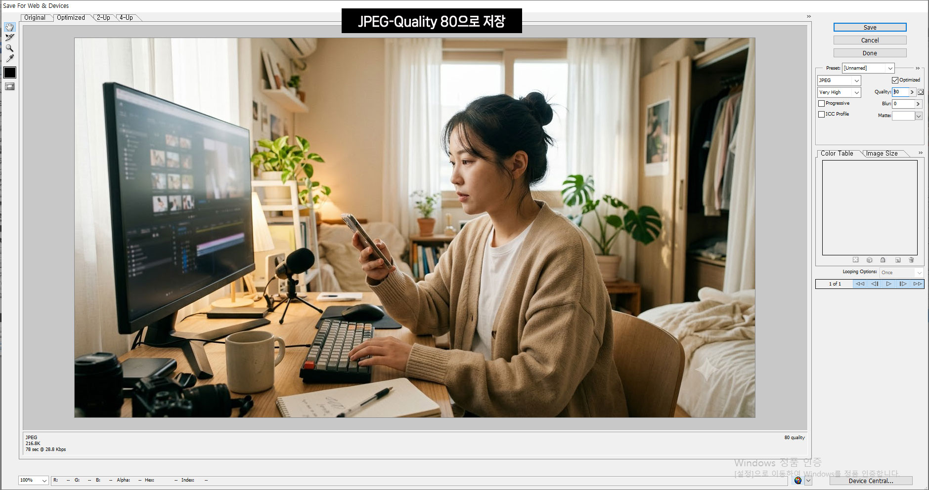 JPEG 품질 80에서 예상 파일 용량 216.8K를 보여주는 포토샵 CS3 화면