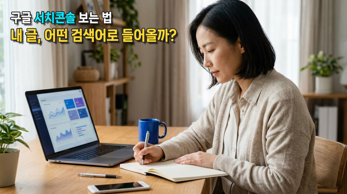 노트북으로 검색 유입 그래프를 살펴보며 메모하는 블로거를 표현한 AI 생성 이미지