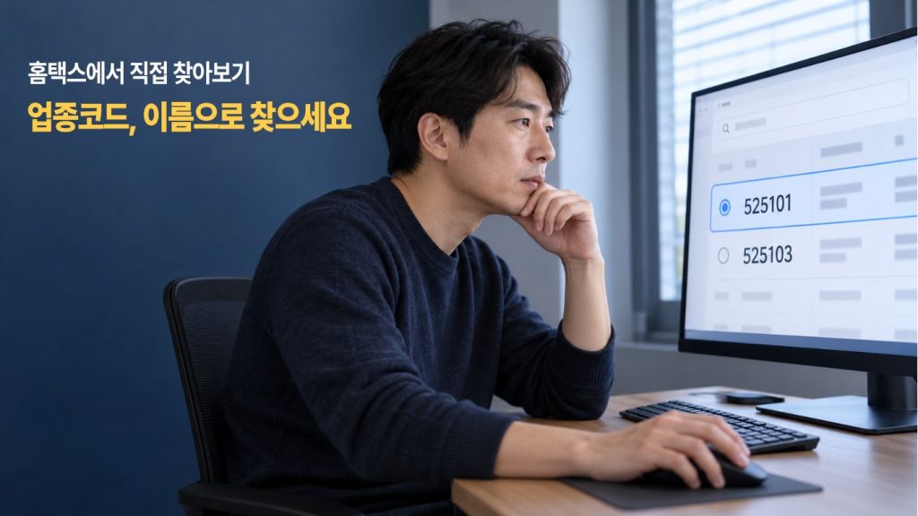업종코드 두 개를 비교하는 온라인 판매 준비자의 고민을 표현한 AI 연출 이미지
