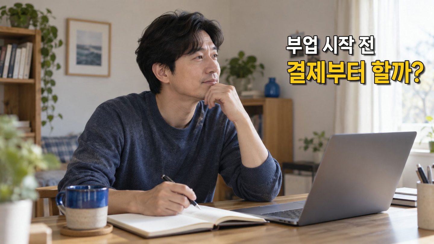 집에서 노트북과 노트를 보며 부업 도구 선택을 고민하는 사람을 표현한 AI 생성 이미지