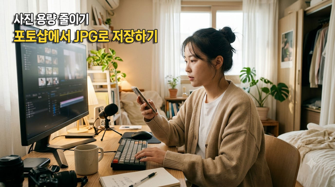 책상에서 모니터와 휴대전화를 보는 인물이 있는 JPEG 압축 시험용 예시 이미지