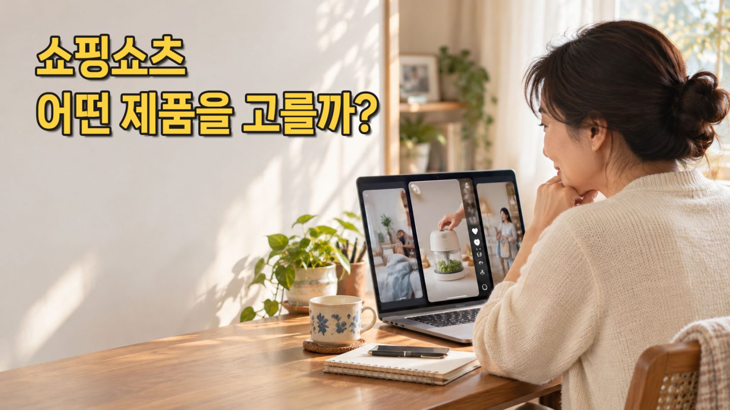 노트북에서 숏폼 제품 영상을 살펴보며 소개할 상품을 고민하는 여성