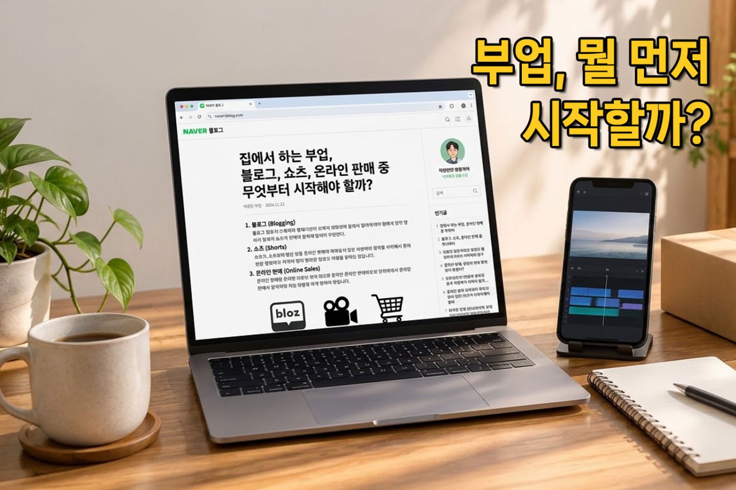 블로그 글쓰기용 노트북, 쇼츠 편집용 스마트폰, 온라인 판매용 택배 상자가 놓인 집 책상