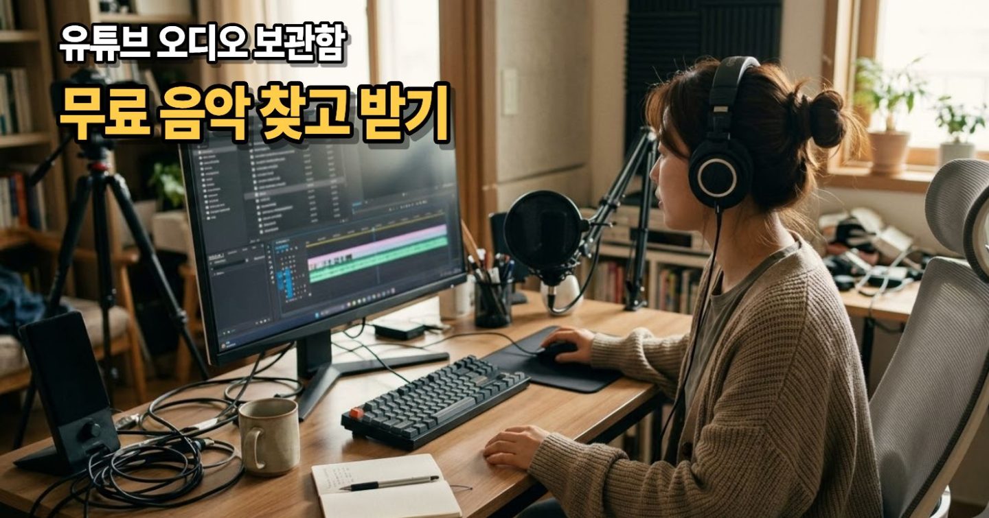 헤드폰을 착용하고 컴퓨터에서 음악을 고르는 콘텐츠 제작자
