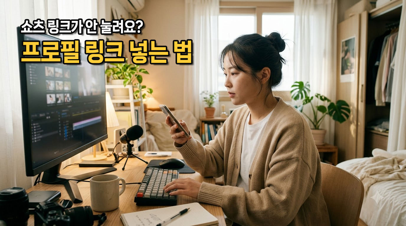 스마트폰과 컴퓨터를 보며 영상 채널의 링크를 확인하는 제작자의 모습